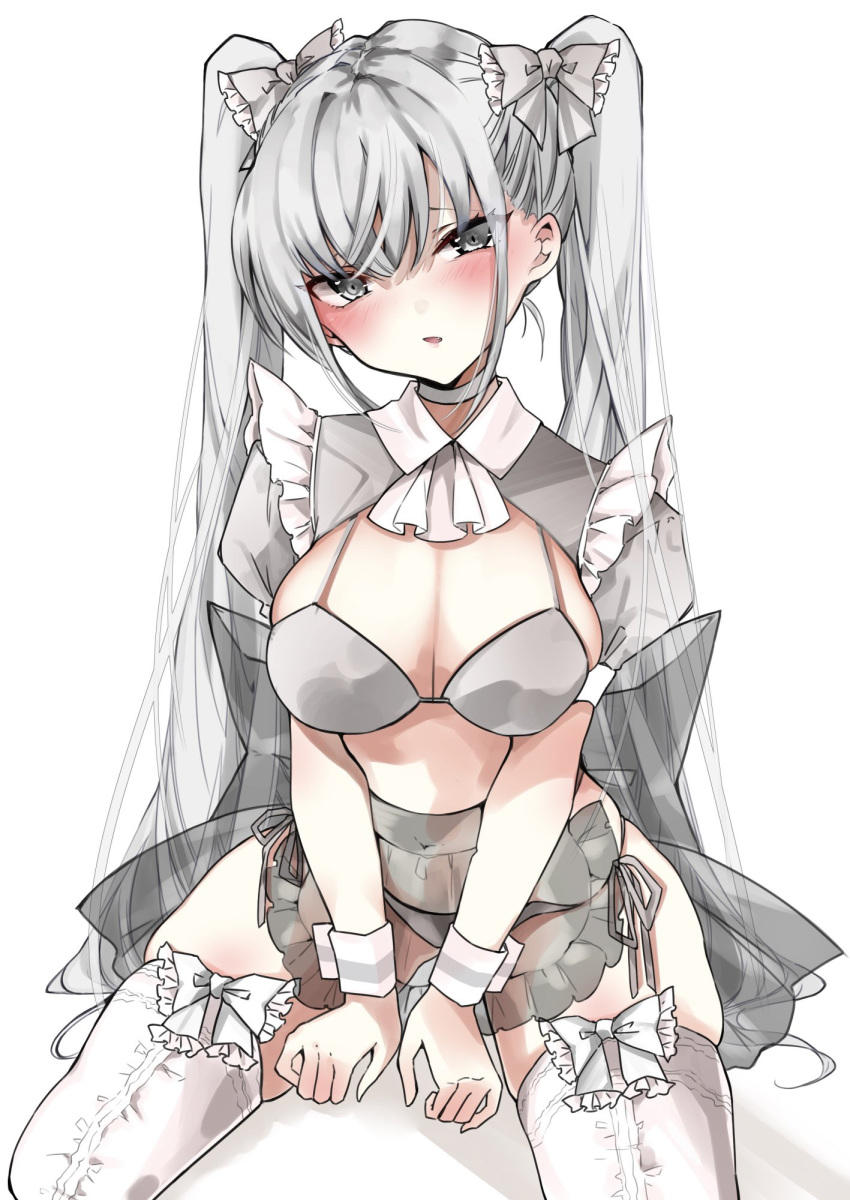 1girl apron bangs bikini blush bow breasts chigasaki_y cleavage frills hair_between_eyes hair_bow hair_ornament highres large_breasts lips long_hair looking_at_viewer open_mouth original panties see-through short_sleeves side-tie_panties silver_bikini silver_eyes silver_hair simple_background sitting skindentation solo swimsuit thighhighs twintails underwear very_long_hair waist_apron white_background white_legwear wrist_cuffs