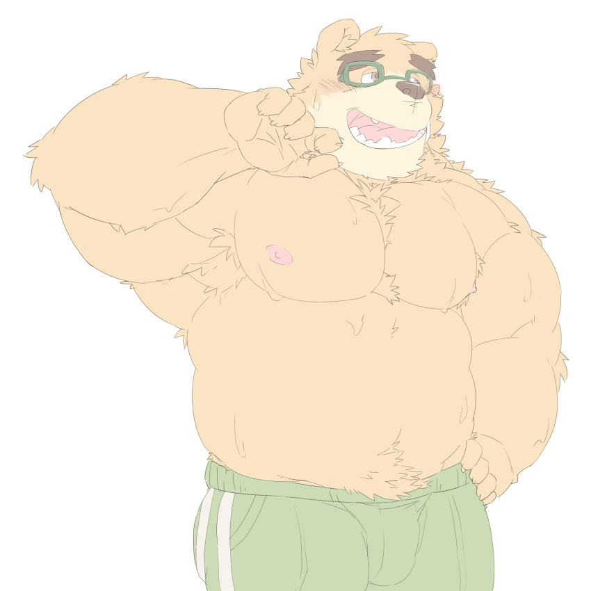 2021 absurd_res anthro bottomwear bulge clothing eyewear glasses hi_res kemono male mammal meimei_kia moobs musclegut nipples overweight overweight_anthro overweight_male shorts simple_background solo tokyo_afterschool_summoners ursid video_games volos white_background