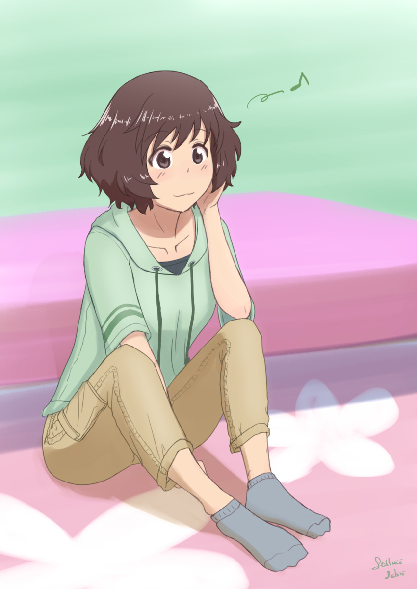 1girl akiyama_yukari artist_name bangs brown_eyes brown_hair brown_pants casual closed_mouth drawstring eighth_note elbow_on_knee eyebrows_visible_through_hair girls_und_panzer green_hoodie grey_legwear head_rest highres hood hood_down hoodie indoors lettuce-labo looking_to_the_side messy_hair musical_note on_floor pants short_hair short_sleeves signature smile socks solo spoken_musical_note