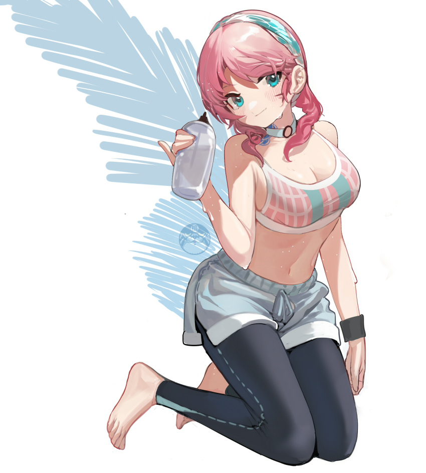 1girl arknights bare_arms bare_shoulders barefoot black_pants blue_choker blue_eyes blue_poison_(arknights) blue_poison_(shoal_beat)_(arknights) blue_shorts bottle breasts camisole choker cleavage crop_top hairband hand_up head_tilt highres holding holding_bottle kneeling large_breasts leggings looking_at_viewer midriff navel official_alternate_costume pants pants_under_shorts pink_hair pink_sports_bra pinky_out prossss short_hair short_shorts shorts signature smile solo spaghetti_strap sports_bra sweat sweatband water_bottle wristband