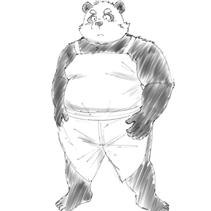 2021 anthro biped black_body black_fur black_nose clothed clothing fur giant_panda hi_res humanoid_hands kemono male mammal overweight overweight_anthro overweight_male simple_background solo ursid white_background white_body white_fur yaki_atsuage