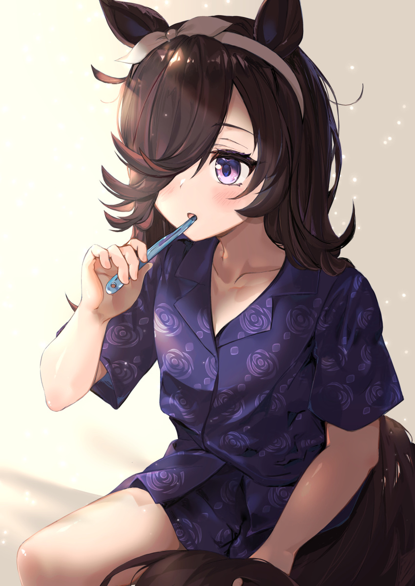 1girl :o aa_(16rrr16) absurdres animal_ears bangs blush brown_hair brushing_teeth collarbone commentary_request floral_print hair_over_one_eye hairband highres holding holding_toothbrush horse_ears horse_girl horse_tail long_hair pajamas print_pajamas print_shirt print_shorts purple_eyes purple_pajamas purple_shirt purple_shorts rice_shower_(umamusume) shirt short_shorts short_sleeves shorts solo tail toothbrush umamusume
