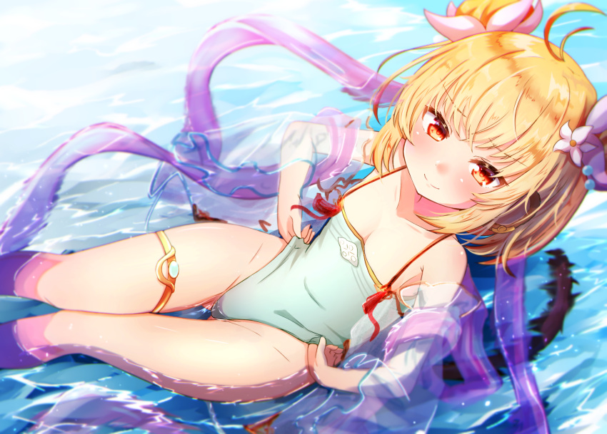 1girl ahoge andira_(granblue_fantasy) animal_ears ass_visible_through_thighs bangs baram bare_shoulders blonde_hair breasts clothes_pull collarbone commentary erune eyebrows_visible_through_hair flower granblue_fantasy hagoromo hair_flower hair_ornament highres looking_at_viewer monkey_ears monkey_girl monkey_tail one-piece_swimsuit red_eyes shawl short_hair small_breasts smile solo swimsuit swimsuit_pull tail thighlet water