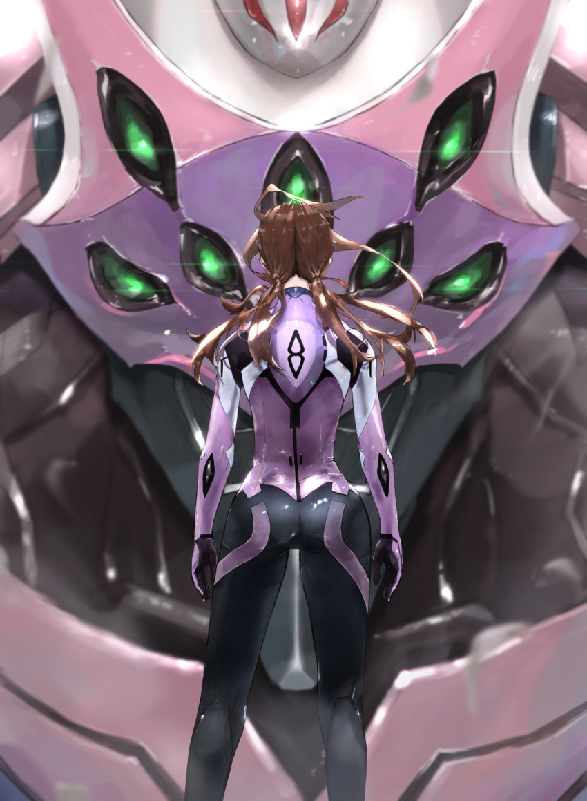 1girl ass brown_hair eva_08 from_behind highres kdm_(ke_dama) long_hair makinami_mari_illustrious mecha neon_genesis_evangelion plugsuit rebuild_of_evangelion skin_tight solo standing wind