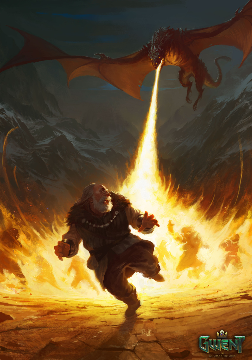 1boy absurdres beard breathing_fire brown_pants commentary dragon dwarf english_commentary facial_hair fantasy fire flying grey_hair grey_sky highres keltullis manuel_castanon mountain official_art old old_man open_mouth outdoors pants running the_witcher