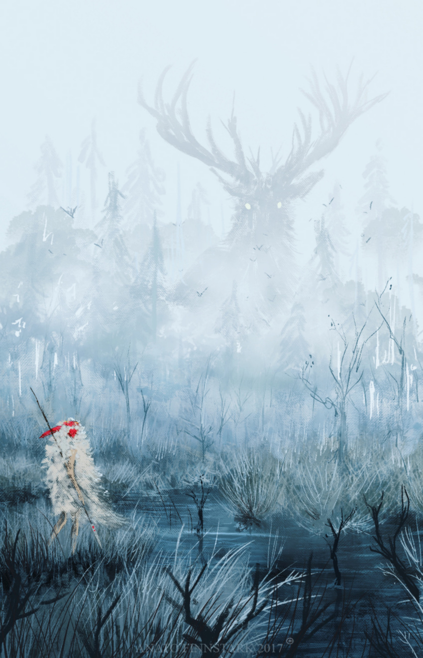 1girl absurdres anatofinnstark animal fantasy from_behind fur_coat giant grass highres holding holding_spear holding_weapon mononoke_hime outdoors oversized_animal polearm river san scenery spear weapon