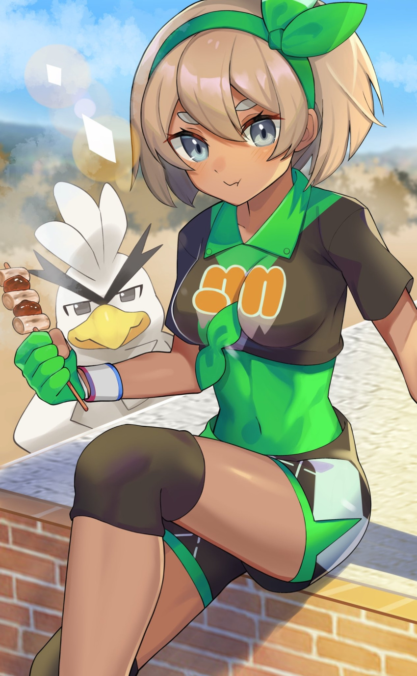1girl :t bangs bea_(pokemon) blonde_hair blush bodysuit bodysuit_under_clothes bow_hairband breasts cloud collared_shirt commentary_request covered_navel dark-skinned_female dark_skin day dynamax_band eating eyelashes gen_8_pokemon gloves green_bodysuit green_hairband grey_eyes hair_between_eyes hairband highres holding katwo knee_pads looking_at_viewer outdoors partially_fingerless_gloves pokemon pokemon_(creature) pokemon_(game) pokemon_masters_ex print_shirt print_shorts shiny shiny_skin shirt short_hair short_sleeves shorts side_slit side_slit_shorts sirfetch'd sitting skewer sky