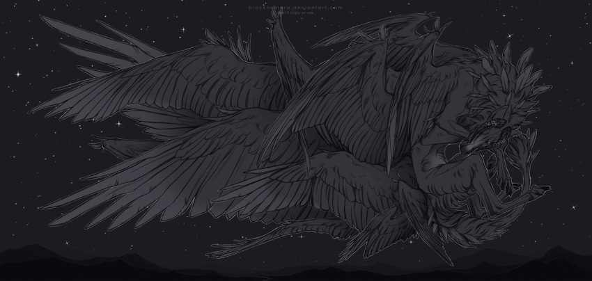 4_toes ambiguous_gender blacknemera canid canine detailed_background digital_media_(artwork) feathered_wings feathers feet feral hybrid mammal night outside paws sky solo star starry_sky toes wings