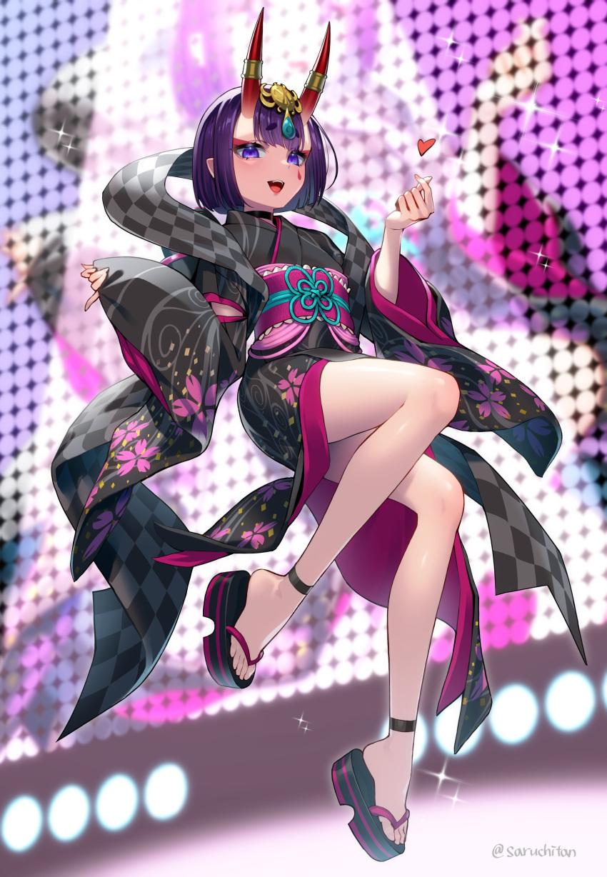 1girl absurdres bangs black_kimono bob_cut breasts choker eyeliner fate/grand_order fate_(series) floral_print headpiece highres horn_ornament horn_ring horns japanese_clothes kimono legs long_sleeves looking_at_viewer lostroom_outfit_(fate) makeup neckwear obi oni oni_horns open_mouth purple_eyes purple_hair sandals saruchitan sash short_hair shuten_douji_(fate) skin-covered_horns small_breasts smile stage stage_lights teeth wide_sleeves
