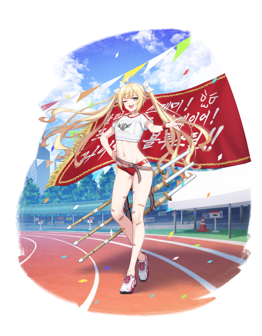 1girl ;d absurdres ahoge bandaid bandaid_on_knee bandaid_on_leg bare_legs belt blonde_hair blue_eyes breasts buruma character_request confetti counter_side crop_top day fang flag floating_hair full_body groin gym_uniform hair_ribbon hand_on_hip highres huge_filesize katana long_hair looking_at_viewer midriff navel no_socks official_art one_eye_closed open_mouth outdoors outstretched_arm red_buruma revealing_clothes ribbon sheath sheathed shirt shoes short_sleeves small_breasts smile smug sneakers solo standing stomach sweatband sword thighs track_and_field transparent_background twintails very_long_hair weapon white_footwear white_shirt
