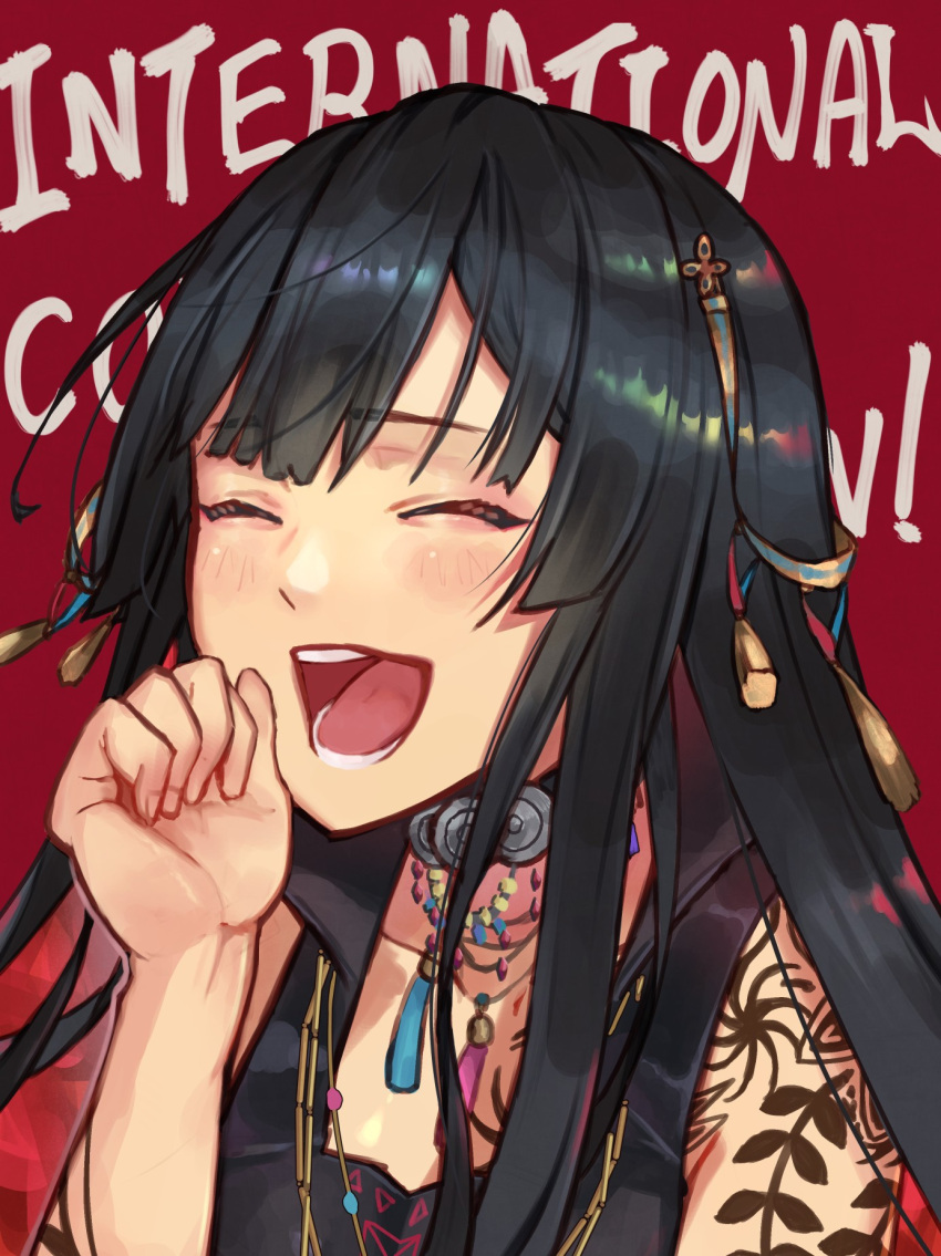 1girl ^_^ arm_tattoo bangs black_hair choker clenched_hand closed_eyes colored_inner_hair eyebrows_visible_through_hair hair_ornament henna highres laughing long_hair multicolored_hair nijisanji nijisanji_in noor_(nijisanji) open_mouth red_background red_hair solo sooon tattoo virtual_youtuber