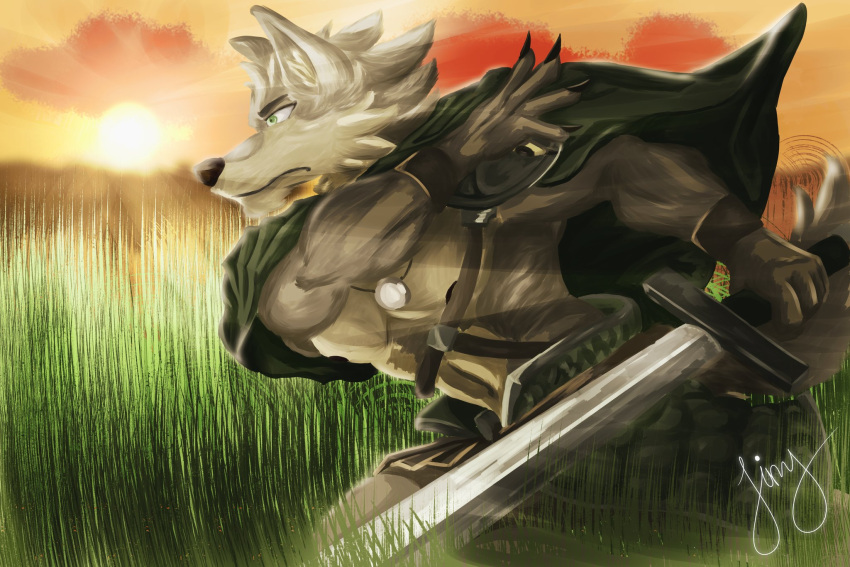 amulet anthro armor canid canine canis cheek_tuft claws cloak clothing detailed_background facial_tuft far_beyond_the_world_(series) finger_claws fur grass green_eyes head_tuft hi_res male mammal melee_weapon multicolored_body multicolored_fur nipples plant ranok_(far_beyond_the_world) running sky solo sun sunset sword tinywolf tuft two_tone_body two_tone_fur video_games visual_novel weapon wolf