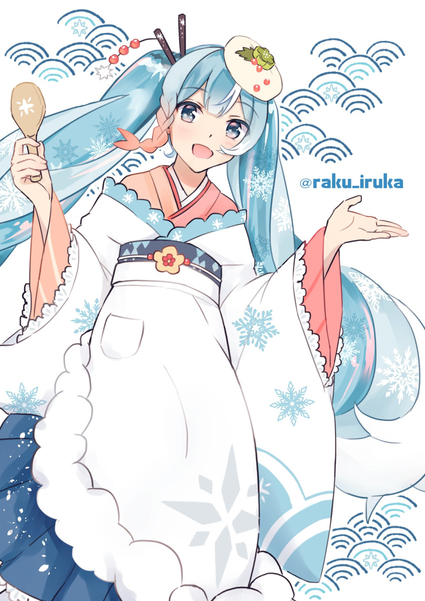 1girl aqua_eyes aqua_hair blue_skirt braid chopsticks commentary food_themed_hair_ornament frilled_skirt frills hair_ornament hair_stick hands_up hatsune_miku highres holding holding_spoon iluka_(ffv7) japanese_clothes kimono lace-trimmed_sleeves lace_trim layered_clothing layered_kimono long_hair looking_at_viewer multicolored_hair open_mouth pink_hair pink_kimono rice_spoon roe scallop seigaiha shiso_(plant) skirt smile snowflake_print solo spoon twintails twitter_username two-tone_hair very_long_hair vocaloid wasabi white_background white_hair white_kimono wide_sleeves yuki_miku