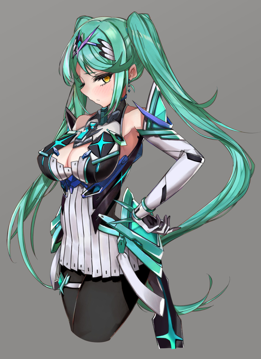 alternate_color alternate_hairstyle bangs bare_shoulders breasts chest_jewel cleavage cleavage_cutout clothing_cutout dress earrings elbow_gloves gloves green_hair highres jewelry large_breasts long_hair mythra_(xenoblade) nakazou2000 thighhighs xenoblade_chronicles_(series) xenoblade_chronicles_2