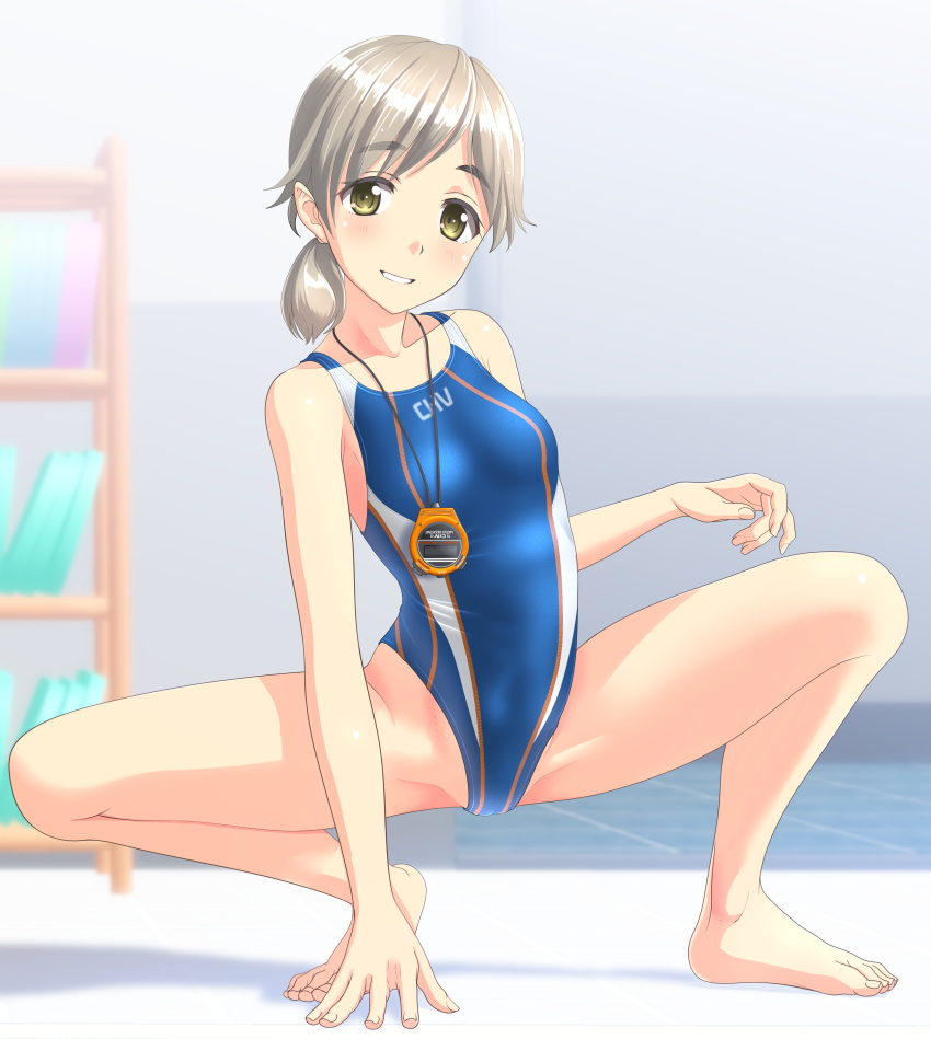 1girl absurdres barefoot blue_swimsuit breasts clothes_writing collarbone competition_swimsuit eyebrows_visible_through_hair full_body green_eyes groin highleg highleg_swimsuit highres long_hair low_ponytail multicolored multicolored_clothes multicolored_swimsuit one-piece_swimsuit original parted_lips shelf silver_hair small_breasts smile solo squatting stopwatch stopwatch_around_neck swimsuit takafumi thick_eyebrows watch