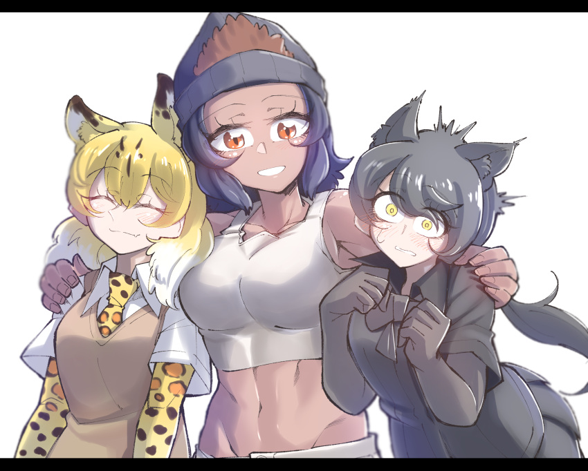 3girls absurdres animal_ears animal_print arm_around_shoulder bangs bare_shoulders beanie black_hair black_leopard_(kemono_friends) blonde_hair blush bow bowtie closed_eyes closed_mouth collarbone collared_shirt constricted_pupils dark-skinned_female dark_skin elbow_gloves extra_ears eyebrows_visible_through_hair eyes_visible_through_hair fang fang_out gloves gm_(ggommu) gorilla_(kemono_friends) hair_between_eyes hand_on_another's_shoulder hands_up hat height_difference highres kemono_friends leopard_(kemono_friends) leopard_ears leopard_print long_hair medium_hair midriff multicolored_hair multiple_girls navel necktie orange_eyes pleated_skirt print_gloves print_neckwear shirt short_sleeves side-by-side simple_background skirt smile stomach surprised sweater_vest swept_bangs tank_top toned white_background white_hair wing_collar yellow_eyes