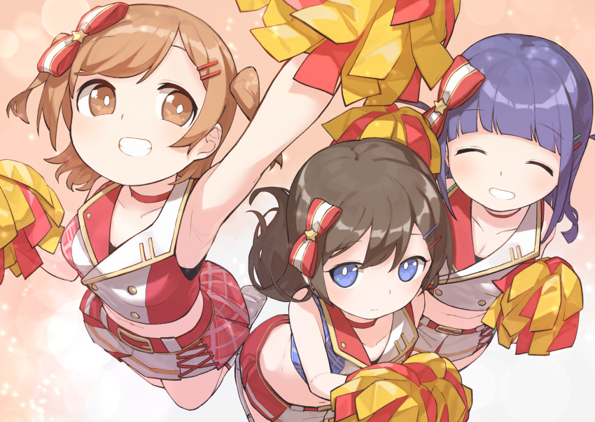 3girls ^_^ absurdres aijou_karen arm_up armpits bangs bare_shoulders belt blue_eyes blunt_bangs bow breasts bright_pupils brown_background brown_eyes brown_hair buckle buttons cheering cheerleader choker cleavage closed_eyes closed_mouth collarbone commentary crop_top cross-laced_clothes cross-laced_skirt double-breasted eyebrows_visible_through_hair facing_viewer floating_hair from_above goe_(g-o-e) grin hair_between_eyes hair_bow hair_ornament hairclip hand_up hands_up highres holding holding_pom_poms jumping kagura_hikari light_smile long_hair looking_at_viewer looking_up medium_breasts midriff miniskirt multiple_girls navel official_alternate_costume outstretched_arm pleated_skirt pom_poms purple_hair red_belt red_bow red_choker red_shirt shiny shiny_hair shirt shoe_soles shoes short_hair shoujo_kageki_revue_starlight shoujo_kageki_revue_starlight_-re_live- sidelocks skirt sleeveless sleeveless_shirt smile standing standing_on_one_leg star_(symbol) star_hair_ornament striped striped_bow striped_skirt swept_bangs tsuyuzaki_mahiru two-tone_background two-tone_shirt two-tone_skirt two_side_up white_background white_footwear white_pupils white_shirt