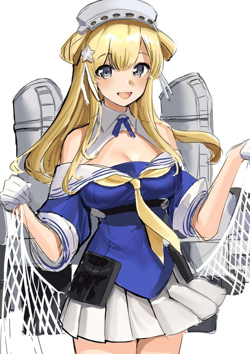 1girl akagi_kurage blonde_hair blue_shirt breasts cargo_net cleavage cowboy_shot double_bun eyebrows_visible_through_hair fletcher_(kancolle) gloves hair_ornament hairband highres kantai_collection large_breasts long_hair looking_at_viewer machinery neckerchief net off_shoulder open_mouth purple_eyes remodel_(kantai_collection) sailor_collar school_uniform serafuku shirt skirt smile smokestack solo star_(symbol) star_hair_ornament united_states_medal_of_honor white_gloves white_sailor_collar white_skirt yellow_neckwear