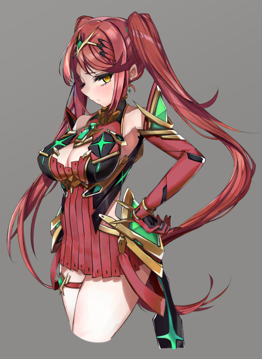 alternate_color alternate_hairstyle bangs bare_legs bare_shoulders breasts chest_jewel cleavage cleavage_cutout clothing_cutout dress earrings elbow_gloves gloves highres jewelry large_breasts long_hair mythra_(xenoblade) nakazou2000 red_hair xenoblade_chronicles_(series) xenoblade_chronicles_2
