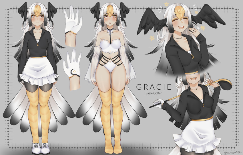 1girl bare_shoulders bike_shorts bird_tail black_feathers black_hair black_shirt black_wings blonde_hair blush breasts character_name closed_mouth commentary commission english_commentary feathered_wings feathers frilled_skirt frills gloves golf_club gradient_hair grey_background hair_rings head_wings highres holding_golf_club jewelry laughing lingerie medium_breasts multicolored_hair multiple_views necklace open_mouth original ouncemilia shirt single_glove skirt sweatdrop tail tail_feathers thighhighs underwear white_footwear white_gloves white_hair white_skirt wings yellow_eyes yellow_legwear zipper_pull_tab