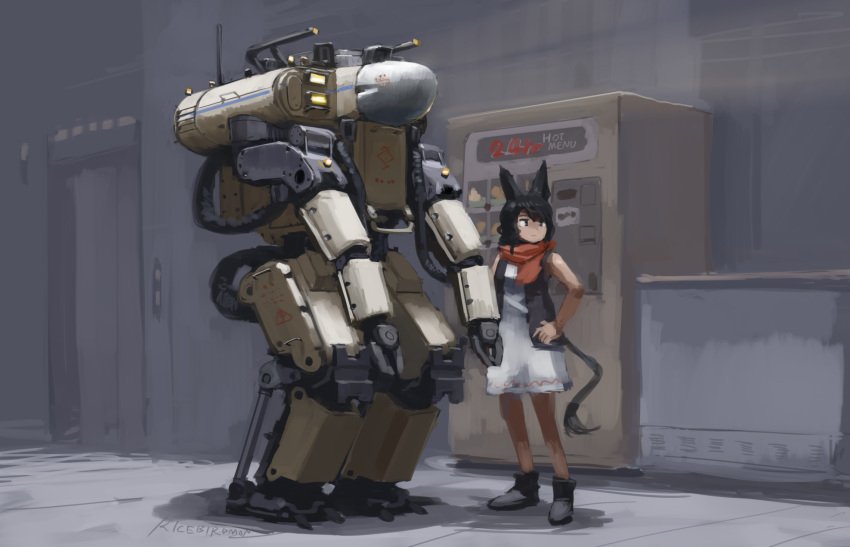 1girl animal_ears artist_name black_eyes black_footwear black_hair breasts commentary_request dress grey_vest hand_on_hip highres hozumi_sousei looking_to_the_side mecha medium_breasts original red_scarf scarf science_fiction tail vending_machine vest white_dress