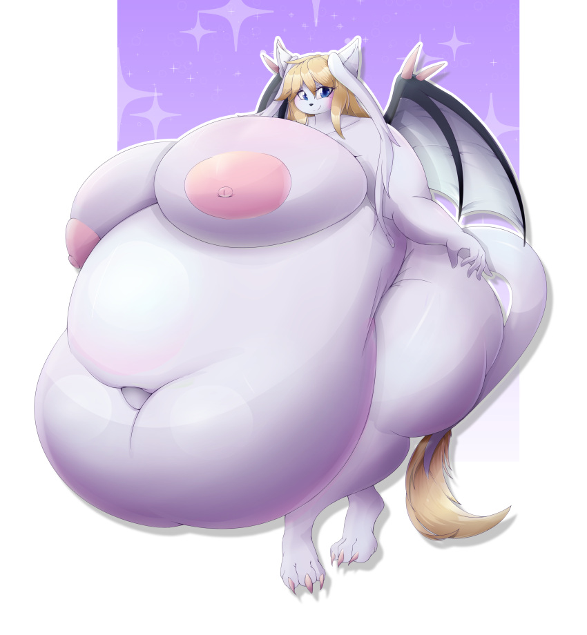 2020 absurd_res alien antennae_(anatomy) anthro arthropod azmia_ryial belly big_belly big_breasts big_butt blonde_hair blue_eyes breasts butt canid canine canis digital_media_(artwork) digitigrade female fur grey_body grey_fur hair happy hi_res hyper hyper_belly insect kyoth_(species) looking_at_viewer mammal nipples nude obese obese_anthro obese_female overweight overweight_anthro overweight_female scyn smile solo standing thick_thighs wide_hips wings wolf