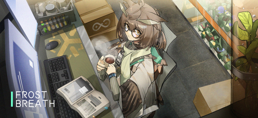 1girl ahoge arknights blue_flower book box brown_hair brown_jacket cardboard_box chair closed_mouth coffee_cup commentary cup desk disposable_cup english_text eyebrows_visible_through_hair feather_hair flower from_above frown glass_wall glasses green_scarf green_sweater hands_up highres hood hooded_jacket id_card indoors infection_monitor_(arknights) jacket keyboard_(computer) long_sleeves looking_at_viewer monitor mouse_(computer) office_chair open_book orange_eyes owl_ears plant rhine_lab_logo scarf silence_(arknights) silence_(frost_breath)_(arknights) sitting solo steam sweater test_tube tile_floor tiles turtleneck turtleneck_sweater yurooe