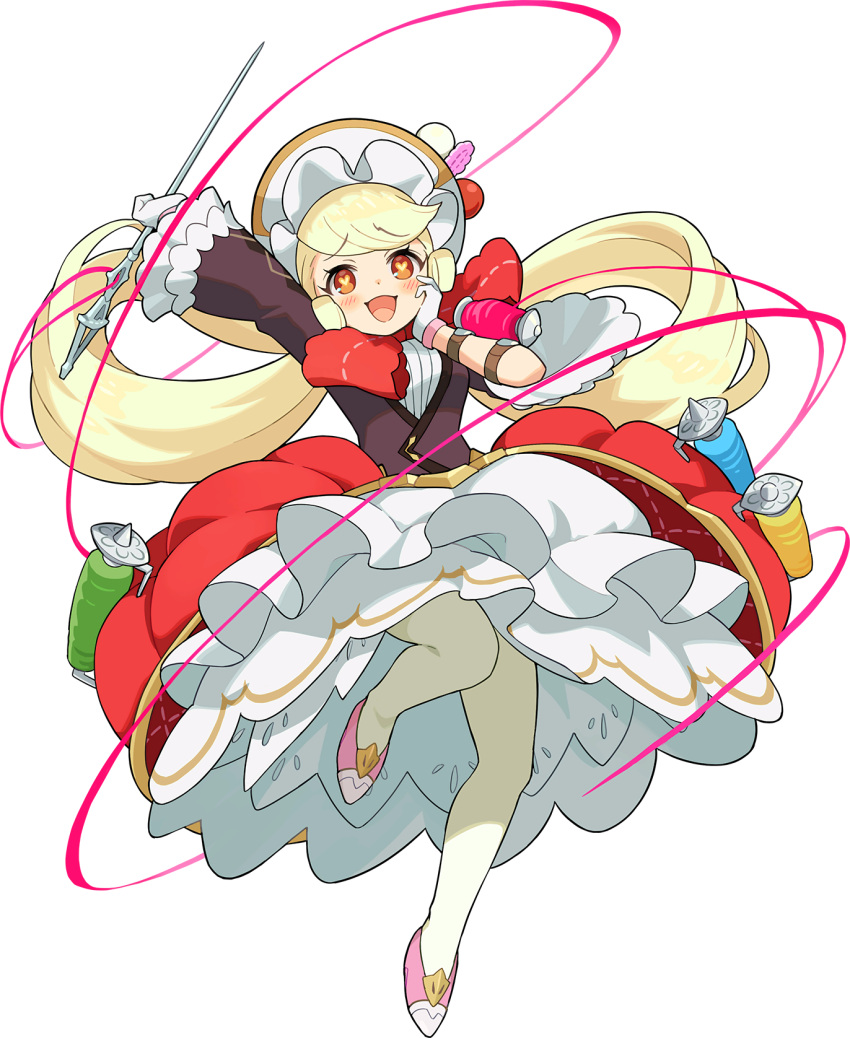 1girl arm_up artist_request bangs blonde_hair blush bonnet breasts eyebrows_visible_through_hair frilled_skirt frills full_body gloves hair_rings hand_on_own_cheek hand_on_own_face hand_up happy heart heart-shaped_pupils highres holding holding_sewing_needle layered_skirt leg_up lilian_(world_flipper) long_hair long_sleeves looking_up needle non-web_source official_art open_mouth orange_eyes outstretched_arm oversized_object pantyhose pink_footwear purple_shirt red_skirt sewing_needle shiny shiny_hair shirt shoes sidelocks skirt small_breasts smile solo spool standing standing_on_one_leg string swept_bangs symbol-shaped_pupils tied_hair transparent_background white_gloves white_headwear white_legwear white_skirt wide_sleeves world_flipper