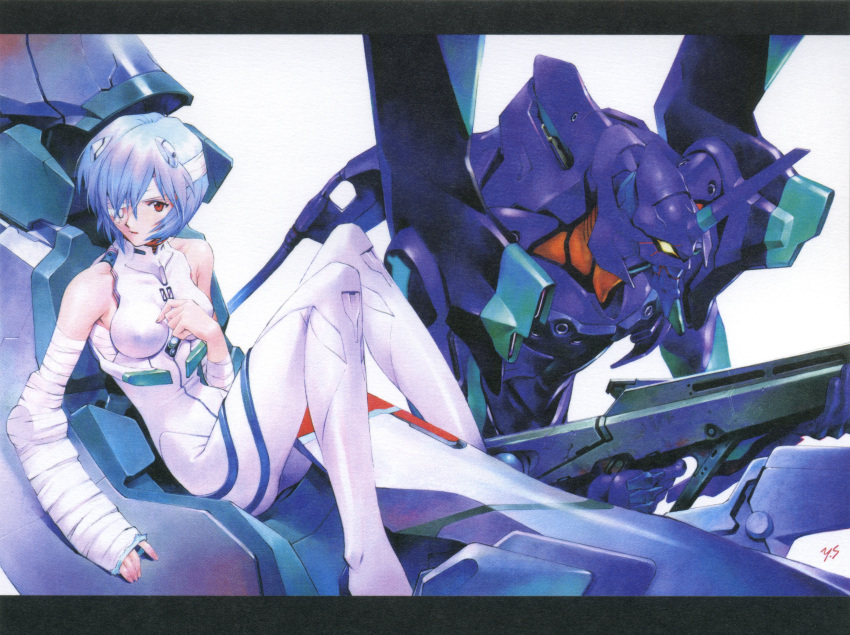 1girl absurdres ayanami_rei bandage_over_one_eye bandages bare_shoulders blue_hair breasts collarbone color_halftone eva_01 eyepatch highres looking_to_the_side mecha medical_eyepatch medium_breasts neon_genesis_evangelion official_art red_eyes sadamoto_yoshiyuki scan serious signature sitting solo