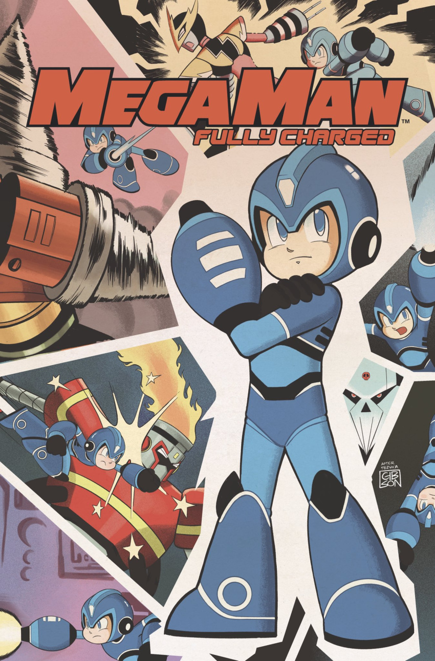 5boys android arm_cannon blue_eyes commentary cover drill_man elec_man energy_beam english_commentary fire_man helmet highres jordan_gibson male_focus mega_man:_fully_charged mega_man_(character) mega_man_(classic) mega_man_(series) multiple_boys official_art open_mouth punching signature skull_man_(mega_man) tetsuwan_atom weapon