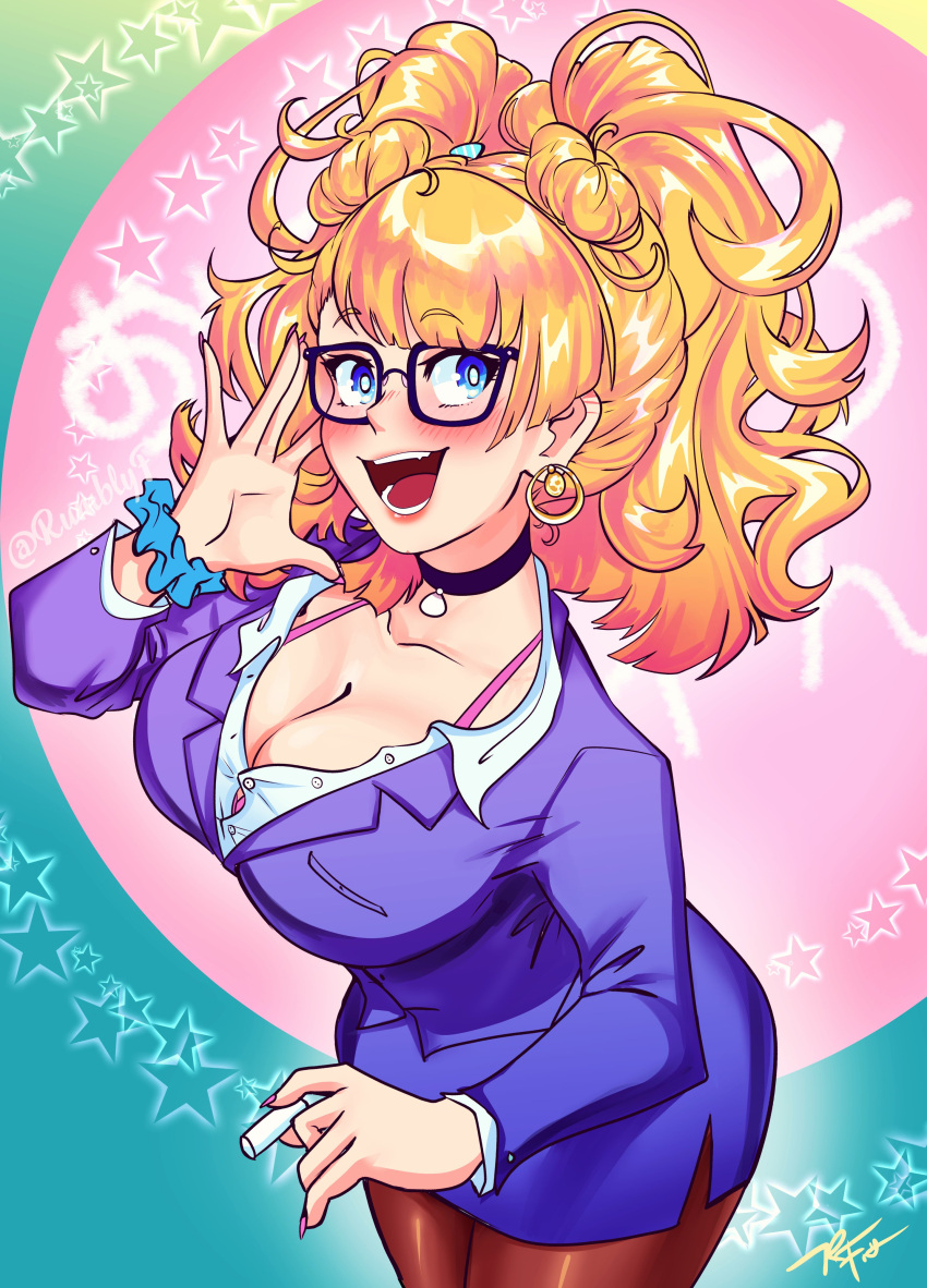 1girl absurdres black_legwear blonde_hair blue_eyes breasts chalk choker cleavage earrings formal galko glasses highres jewelry nail_polish office_lady oshiete!_galko-chan partially_unbuttoned pencil_skirt rumblyf scrunchie skirt skirt_suit smile solo suit