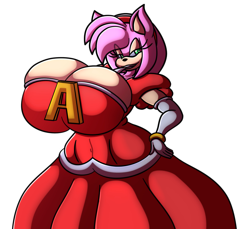 absurd_res amy_rose anthro bedroom_eyes big_breasts breasts chaossabre cleavage clothed clothing dress eulipotyphlan female green_eyes grin hand_on_hip hedgehog hi_res huge_breasts looking_at_viewer mammal narrowed_eyes seductive smile solo sonic_the_hedgehog_(series) wide_hips