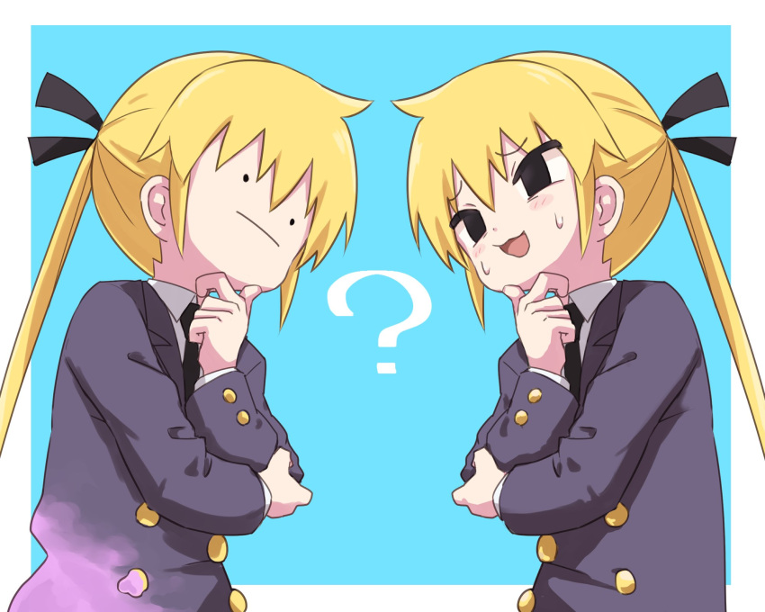 2girls :3 :d ? arm_across_chest bangs black_eyes black_neckwear black_ribbon blazer blonde_hair blue_background border chin_stroking closed_mouth collared_shirt commentary crossover ditto empty_eyes eye_contact eyebrows_visible_through_hair from_side gen_1_pokemon hair_ribbon hand_on_own_chin hand_up highres imitating jacket kill_me_baby long_hair long_sleeves looking_at_another multiple_girls necktie nervous_smile open_mouth outside_border pokemon purple_jacket ribbon school_uniform shirt simple_background smile solid_circle_eyes sonya_(kill_me_baby) sweat thinking transformed_ditto twintails upper_body white_border white_shirt yachima_tana
