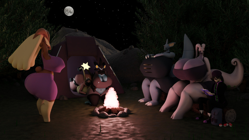 3d_(artwork) anthro big_breasts big_butt black_clothing blue_body book breast_squish breasts brown_body butt campfire camping camping_tent clothing darkdraketom digital_media_(artwork) female forest forest_background goodra group hand_on_breast hand_on_hip hi_res huge_breasts human larger_female lopunny luxray male mammal miltank moon multi_breast multicolored_body nature nature_background nidoqueen night_sky nintendo pink_body pink_clothing plant pok&eacute;ball pok&eacute;mon pok&eacute;mon_(species) purple_body reading reading_book size_difference smaller_male squish thick_thighs tree two_tone_body unknown_character video_games