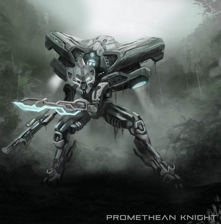 2021 alien ambiguous_gender armor blue_eyes energy energy_sword energy_weapon english_text fighting_pose gun halo_(series) hi_res light living_machine machine matt_griffith melee_weapon metallic_body microsoft nature nature_background not_furry not_furry_focus outside pose promethean raining ranged_weapon solo sword text video_games weapon xbox_game_studios