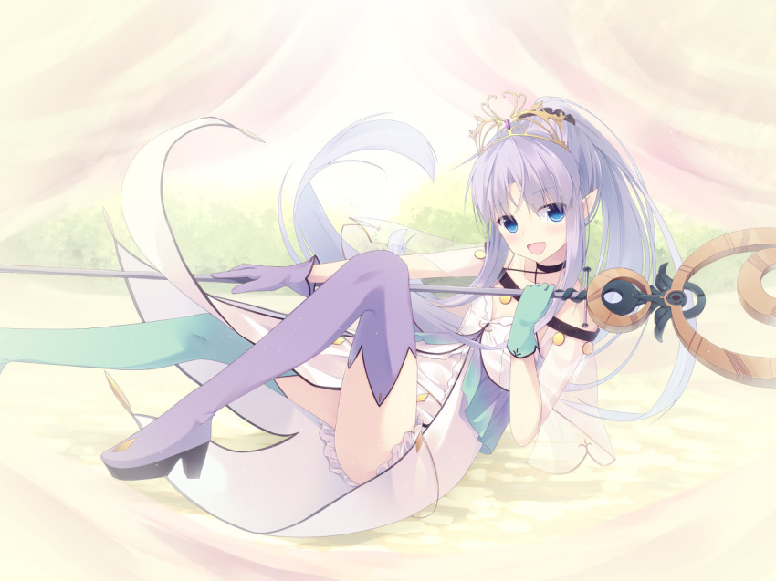 1girl :d black_choker blue_eyes blush boots choker copyright_request gloves green_gloves green_legwear holding holding_staff looking_at_viewer mismatched_gloves mismatched_legwear nagishiro_mito open_mouth pointy_ears ponytail purple_gloves purple_hair purple_legwear smile solo staff thigh_boots thighhighs