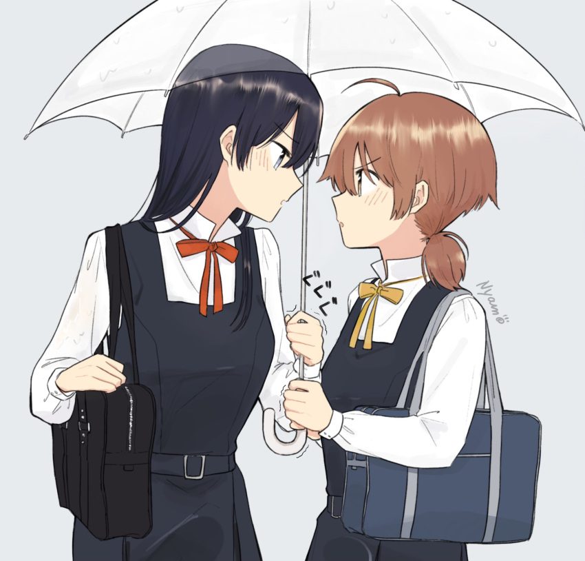 2girls :o bag black_bag black_dress black_hair blue_bag blue_eyes dress grey_background highres koito_yuu long_hair looking_at_another multiple_girls nanami_touko neck_ribbon nyamo red_neckwear red_ribbon ribbon shared_umbrella shirt short_hair short_twintails transparent transparent_umbrella twintails umbrella upper_body white_shirt yagate_kimi_ni_naru yellow_neckwear yellow_ribbon