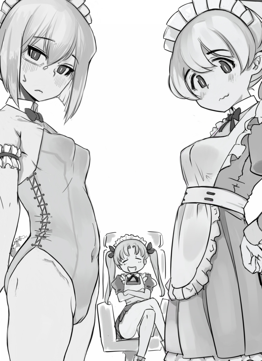 3girls alternate_costume apron arm_garter bangs blush bow bowtie breasts bunny_tail cameltoe chair closed_eyes closed_mouth collared_dress commentary covered_navel crossed_arms crossed_legs dress enmaided eyebrows_visible_through_hair facing_viewer fake_tail frown girls_und_panzer greyscale hair_ribbon hand_on_hip highleg highleg_leotard highres juliet_sleeves kadotani_anzu kawashima_momo koyama_yuzu leotard long_hair long_sleeves looking_at_viewer maid maid_apron maid_headdress medium_hair monochrome monocle monomono multiple_girls office_chair open_mouth panties pantyshot parted_bangs playboy_bunny pleated_dress puffy_sleeves ribbon semi-rimless_eyewear short_dress short_hair short_ponytail sitting small_breasts smile standing strapless strapless_leotard sweatdrop tail twintails under-rim_eyewear underwear