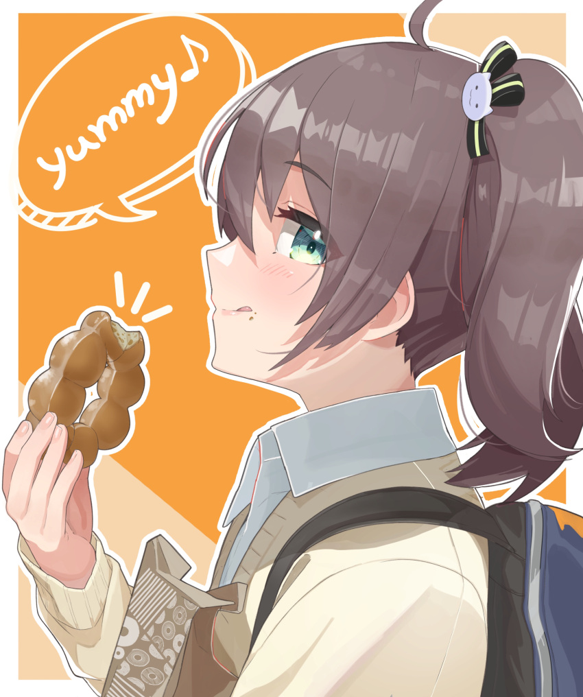 1girl ahoge alternate_costume bangs black_ribbon blue_eyes brown_cardigan brown_hair cardigan cat_hair_ornament commentary_request doughnut eating food food_focus food_on_face hair_between_eyes hair_ornament hair_ribbon highres hololive licking_lips mixed-language_commentary natsuiro_matsuri pon_de_ring profile ribbon school_uniform short_hair side_ponytail tatedano_kabae tongue tongue_out uniform virtual_youtuber