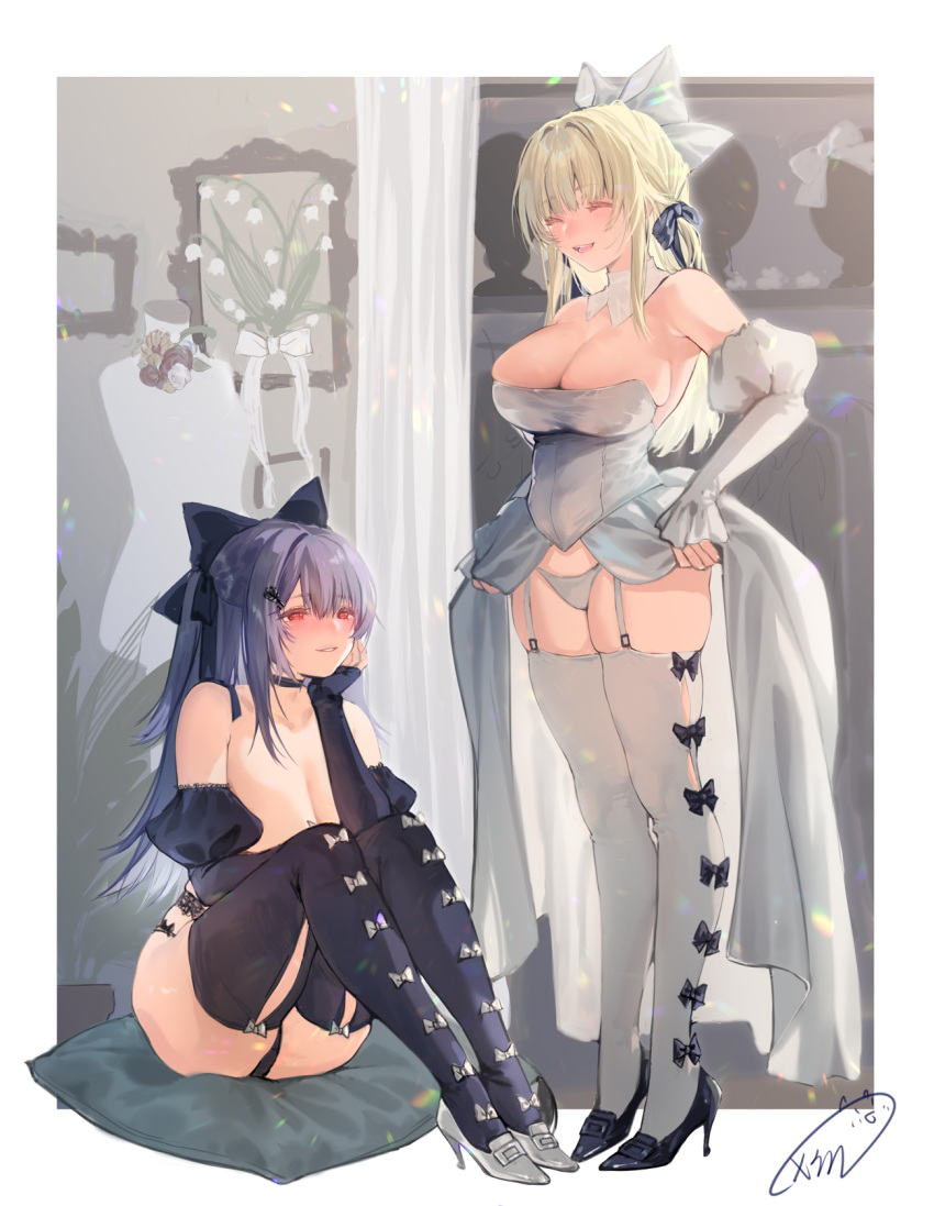 2girls ass bangs bare_shoulders black_legwear blonde_hair blush bow breasts cleavage closed_eyes collar corset detached_sleeves dress garter_straps hair_bow hair_ornament hairclip high_heels highres large_breasts looking_at_another multiple_girls obiwan original panties panty_peek puffy_sleeves purple_hair red_eyes ribbon_trim sitting skindentation smile standing thick_thighs thighhighs thighs underwear white_dress white_legwear white_panties