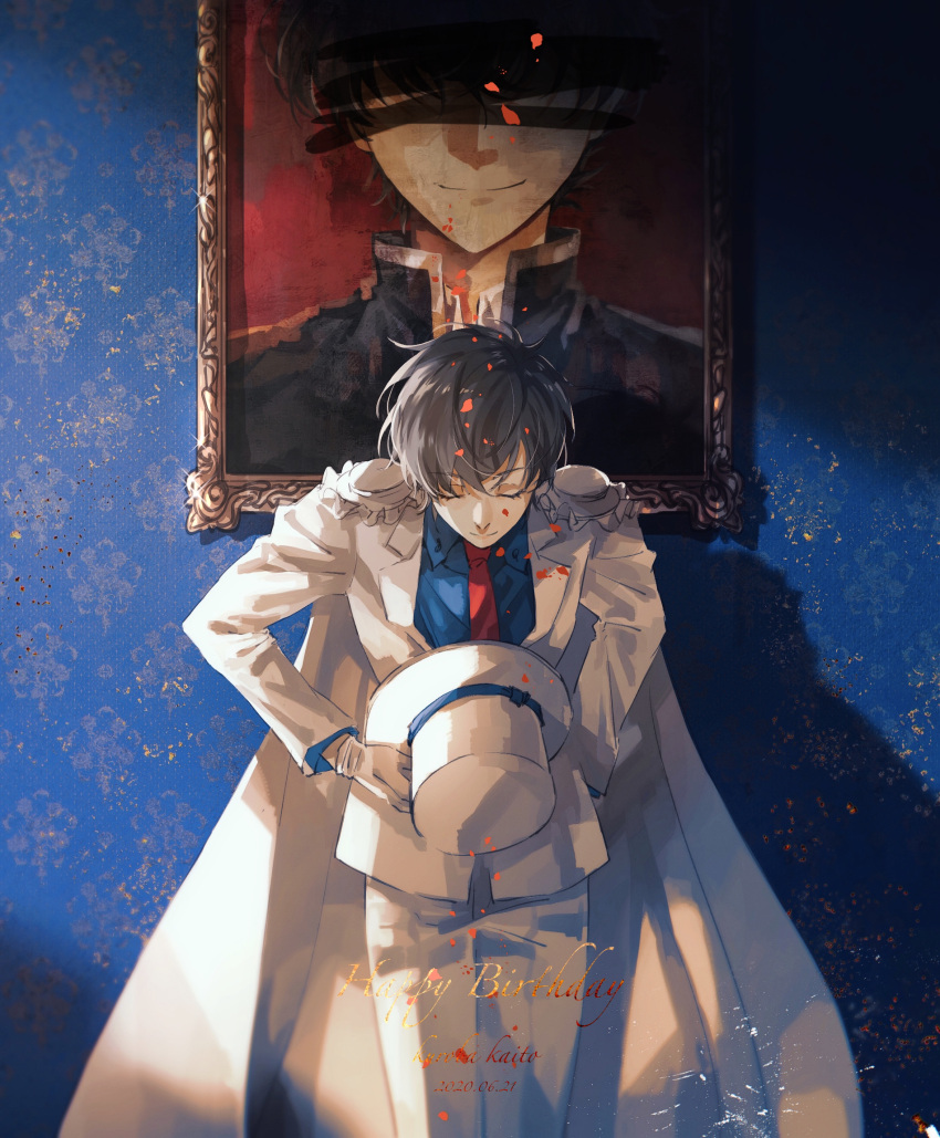 1boy black_jacket blue_background blue_shirt blurry bowing brown_hair cape censored character_name closed_eyes closed_mouth collared_shirt commentary dated depth_of_field dress_shirt english_text facing_viewer falling_petals formal gakuran hand_on_hip happy_birthday hat hat_removed headwear_removed highres holding holding_clothes holding_hat identity_censor jacket kaitou_kid kuroba_kaito liany_(liany127) long_sleeves magic_kaito male_focus meitantei_conan necktie painting_(object) pants petals red_neckwear school_uniform shadow shirt short_hair solo standing suit symbol_commentary top_hat white_cape white_headwear white_pants white_suit