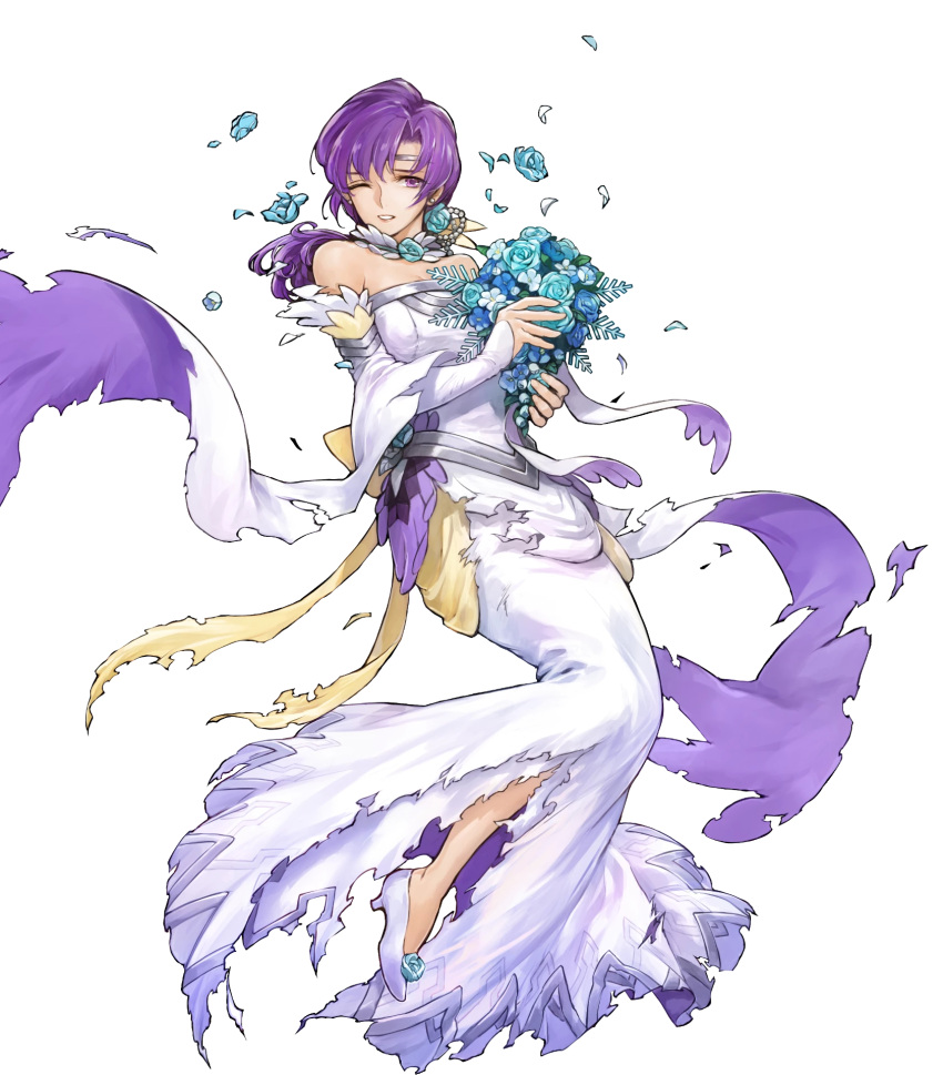 1girl bangs bare_shoulders bouquet breasts circlet detached_collar dress feather_trim fire_emblem fire_emblem:_the_binding_blade fire_emblem_heroes flower full_body hair_ornament high_heels highres holding jewelry juno_(fire_emblem) long_hair long_skirt looking_away low_ponytail medium_breasts official_art one_eye_closed parted_lips petals purple_eyes purple_hair shiny shiny_hair skirt solo strapless strapless_dress tied_hair torn_clothes torn_skirt transparent_background uroko_(mnr) wedding_dress white_dress white_footwear