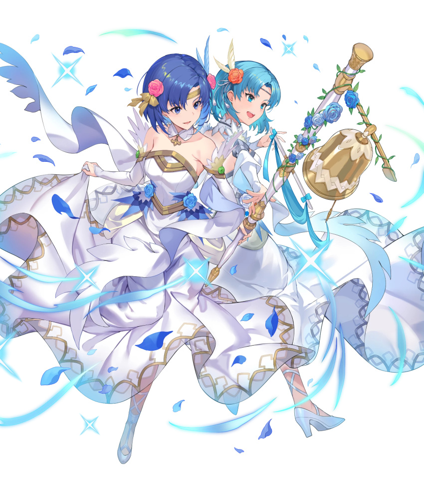 2girls bangs bare_shoulders bell blue_eyes blue_hair breasts catria_(fire_emblem) closed_mouth detached_collar dress feather_trim fire_emblem fire_emblem:_mystery_of_the_emblem fire_emblem:_the_binding_blade fire_emblem_echoes:_shadows_of_valentia fire_emblem_heroes flower full_body hair_ornament highres kakage medium_breasts multiple_girls official_art shiny shiny_hair short_hair simple_background strapless strapless_dress thea_(fire_emblem) transparent_background wedding_dress white_dress white_footwear