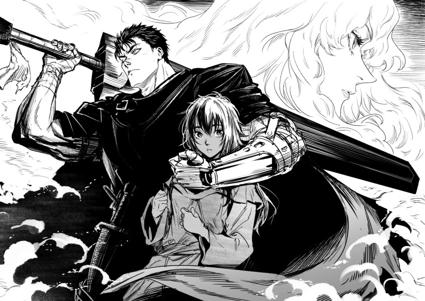 1girl 2boys berserk cape casca_(berserk) dark-skinned_female dark_skin dragonslayer_(sword) greyscale griffith_(berserk) guts_(berserk) highres holding holding_sword holding_weapon long_hair looking_at_viewer mechanical_arms monochrome multiple_boys over_shoulder parted_lips projected_inset prosthesis prosthetic_arm robe saeki_shun short_hair sword very_short_hair weapon weapon_over_shoulder