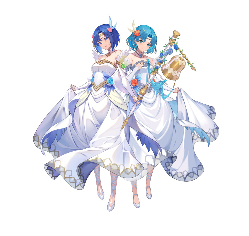 2girls absurdres bangs bare_shoulders bell blue_eyes blue_hair breasts catria_(fire_emblem) closed_mouth commentary detached_collar dress feather_trim fire_emblem fire_emblem:_mystery_of_the_emblem fire_emblem:_the_binding_blade fire_emblem_echoes:_shadows_of_valentia fire_emblem_heroes flower full_body hair_ornament highres holding kakage long_skirt looking_at_viewer medium_breasts multiple_girls official_art open_mouth shiny shiny_hair short_hair simple_background skirt skirt_hold smile strapless strapless_dress thea_(fire_emblem) wedding_dress white_background white_dress white_footwear