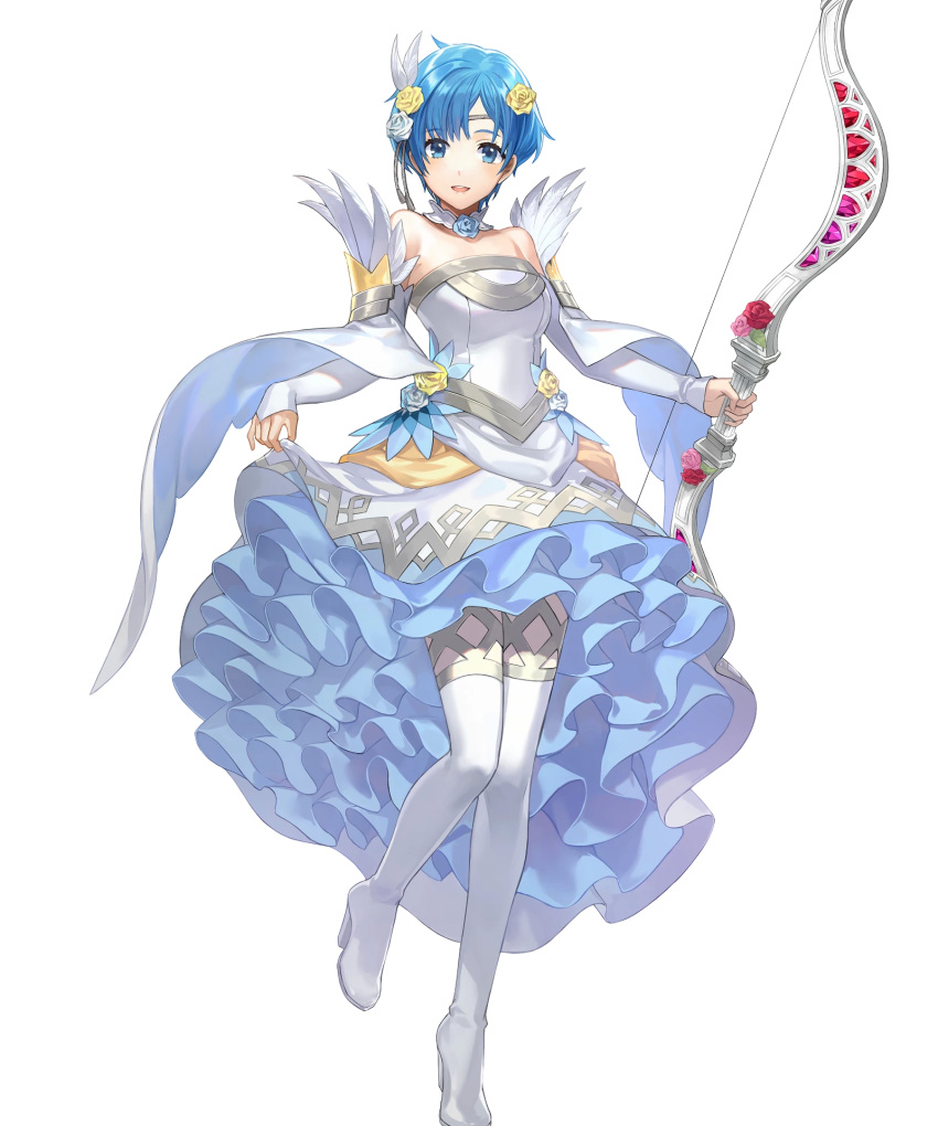 1girl bangs blue_eyes blue_hair boots bow_(weapon) breasts circlet commentary detached_collar dress feather_trim fire_emblem fire_emblem:_the_binding_blade fire_emblem_heroes full_body hair_ornament hakou_(barasensou) high_heel_boots high_heels highres holding holding_bow_(weapon) holding_weapon jewelry layered_skirt looking_at_viewer medium_breasts official_art open_mouth shanna_(fire_emblem) shiny shiny_hair short_hair skirt skirt_hold smile solo standing strapless strapless_dress thigh_boots thighhighs transparent_background weapon wedding_dress white_dress white_footwear