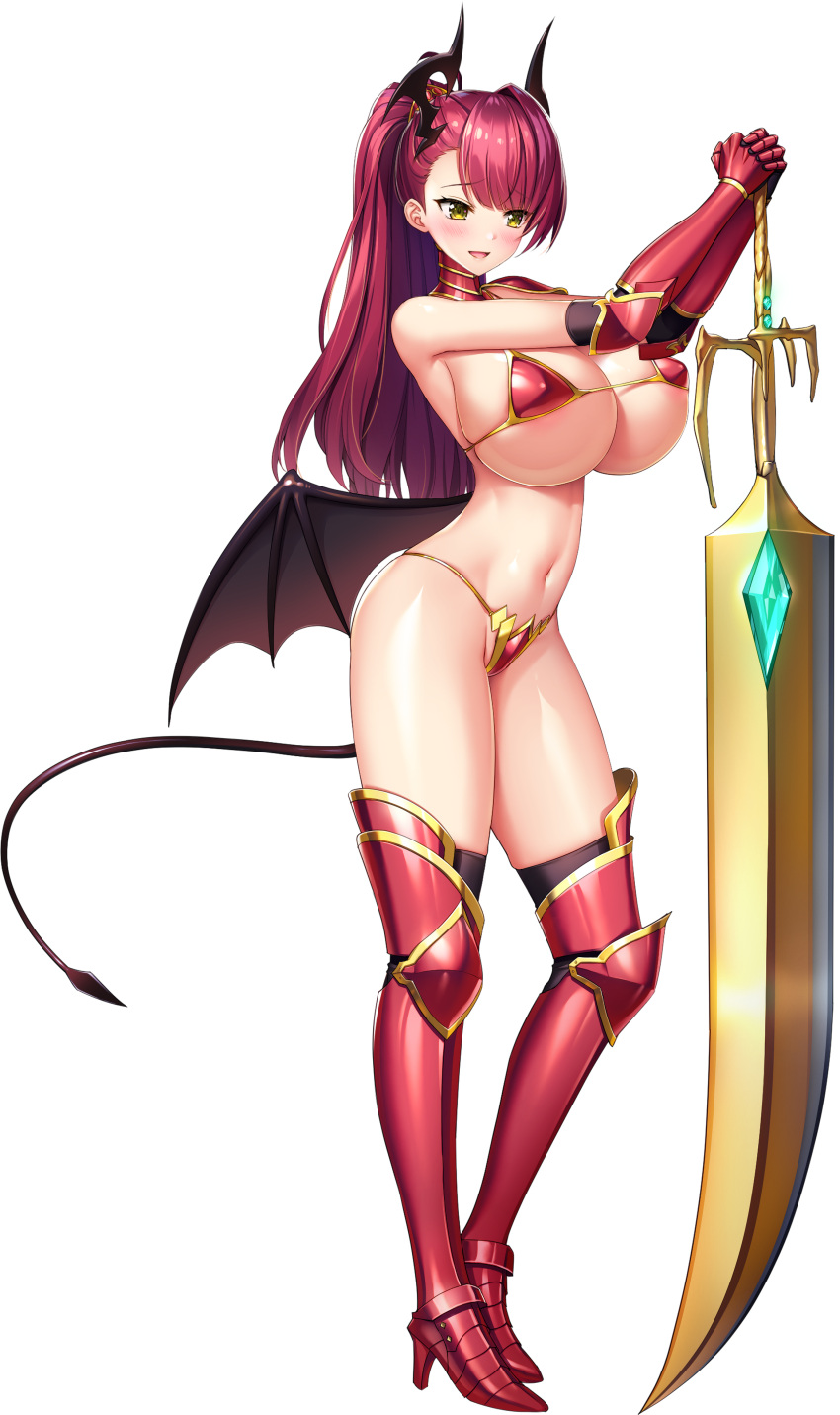 1girl absurdres armor armored_boots asymmetrical_bangs bangs bikini_armor black_wings boots breasts celestia_laciel demon_girl demon_horns demon_tail demon_wings derauea eyebrows_visible_through_hair full_body gold_trim greaves high_heels high_ponytail highres holding holding_sword holding_weapon horns huge_breasts huge_weapon long_hair motto!_haramase!_honoo_no_oppai_isekai_chou_ero_succubus_gakuen! official_art open_mouth photoshop_(medium) planted_sword planted_weapon red_hair solo standing sword tail transparent_background weapon wings yellow_eyes