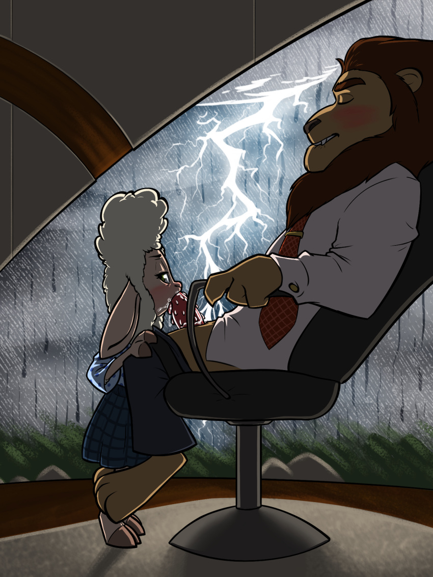 anthro barefoot bite biting_lip biting_own_lip blush bottomwear bovid caprine chair clothed clothing dawn_bellwether disney duo eyes_closed feet felid fellatio female fully_clothed furniture genitals green_eyes half-closed_eyes hi_res inside interspecies leodore_lionheart lightning lion male male/female mammal narrowed_eyes necktie oral pantherine pants_around_legs pants_down partially_clothed penile penile_spines penis predator/prey raining self_bite sex sheep shirt sitting size_difference skirt soulcentinel standing thunder topwear zootopia