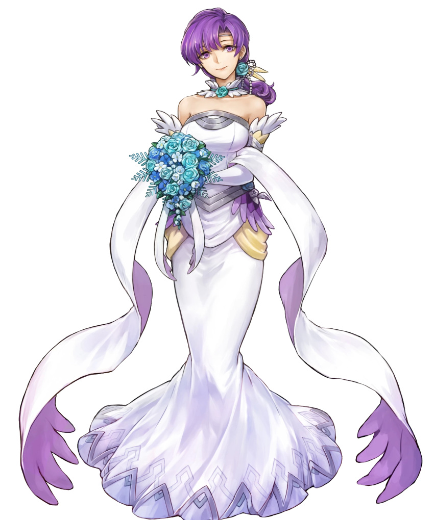 1girl bangs bare_shoulders bouquet breasts circlet closed_mouth detached_collar dress feather_trim fire_emblem fire_emblem:_the_binding_blade fire_emblem_heroes flower full_body hair_ornament head_tilt highres holding jewelry juno_(fire_emblem) lips long_hair long_skirt looking_at_viewer low_ponytail medium_breasts official_art purple_eyes purple_hair skirt smile solo standing strapless strapless_dress tied_hair transparent_background uroko_(mnr) wedding_dress white_dress
