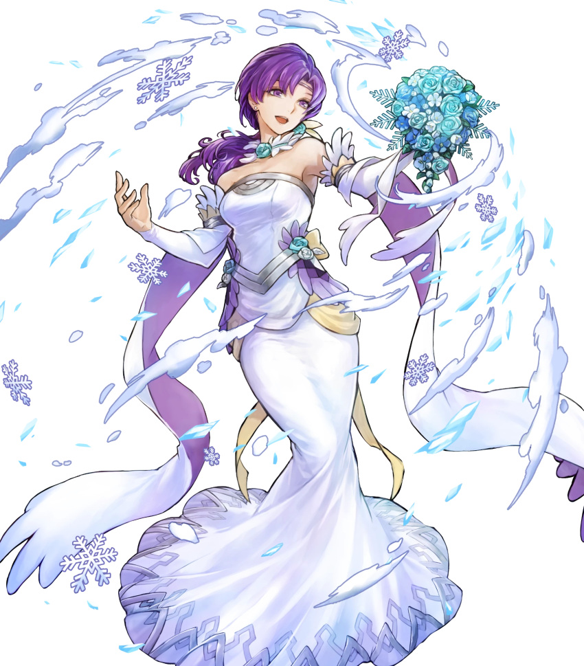 1girl bangs bare_shoulders bouquet breasts circlet detached_collar dress earrings feather_trim fire_emblem fire_emblem:_the_binding_blade fire_emblem_heroes flower full_body hair_ornament highres holding ice jewelry juno_(fire_emblem) long_hair long_skirt looking_away low_ponytail medium_breasts official_art open_mouth purple_eyes purple_hair shiny shiny_hair skirt smile snowflakes solo strapless strapless_dress tied_hair transparent_background uroko_(mnr) wedding_dress white_dress
